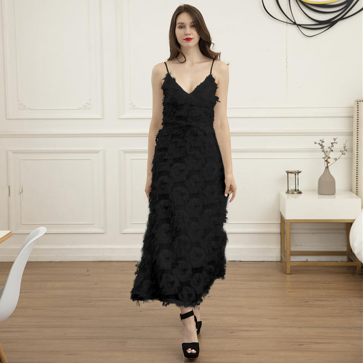 Ladies maxi dress with trendy fringes and seductive V-neck Lune London
