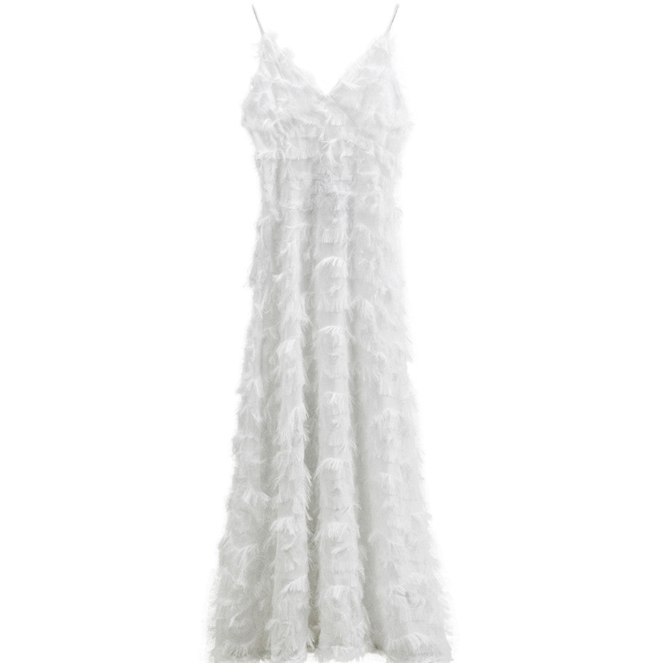 Ladies maxi dress with trendy fringes and seductive V-neck Lune London