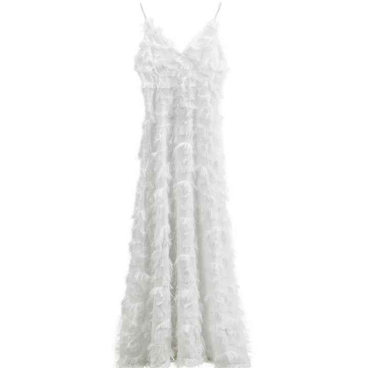 Ladies maxi dress with trendy fringes and seductive V-neck Lune London