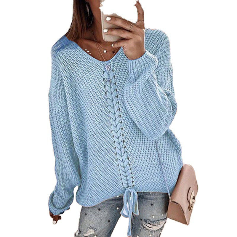 Ladies Large knit sweater with deep V-neck and decorative cord detail Lune London