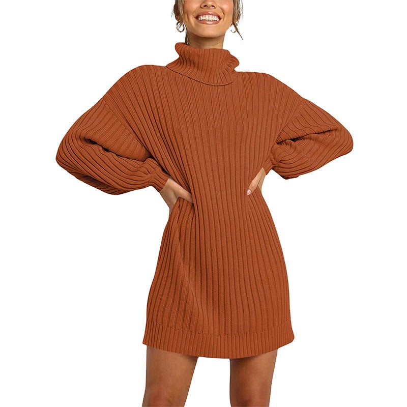 Chunky knit dress for women with high collar and dropped shoulders Lune London