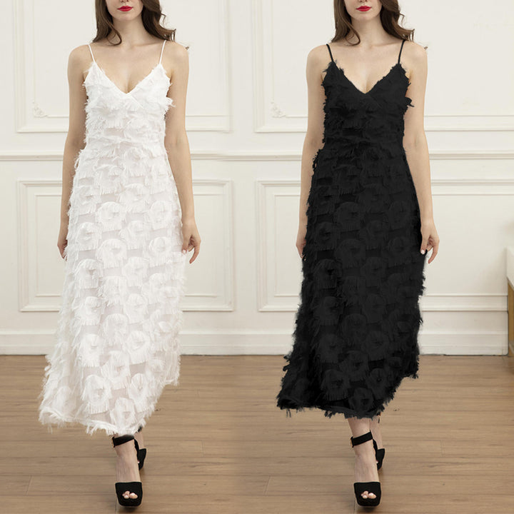 Ladies maxi dress with trendy fringes and seductive V-neck Lune London