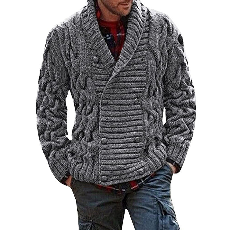 Men's knit jacket with double-breasted buttons and creative cable pattern Lune London