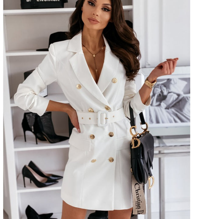 Ladies Elegant blazer dress with belted waist and double row of buttons Lune London