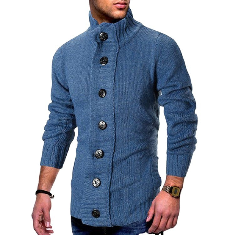 Men's knitted jacket with high collar and decorative button details Lune London