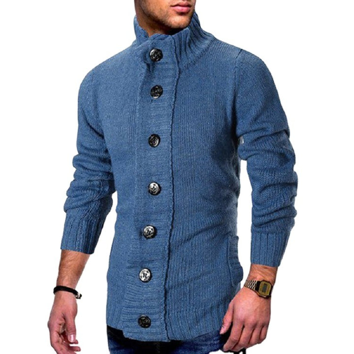 Men's knitted jacket with high collar and decorative button details Lune London