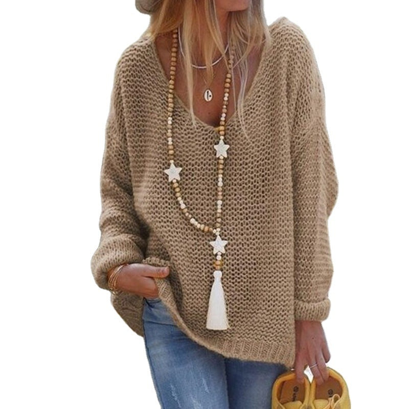 Women Thick Knit Sweater with Wide V Neck and Relaxed Fit Lune London