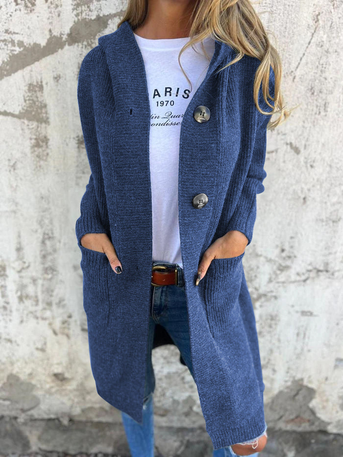 Lune London | Cardigan - Longer Open Front - Ribbed Knit - Button Closure & Front Pockets