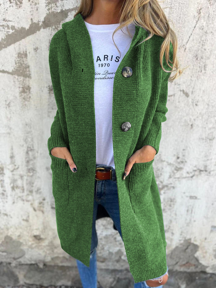 Lune London | Cardigan - Longer Open Front - Ribbed Knit - Button Closure & Front Pockets