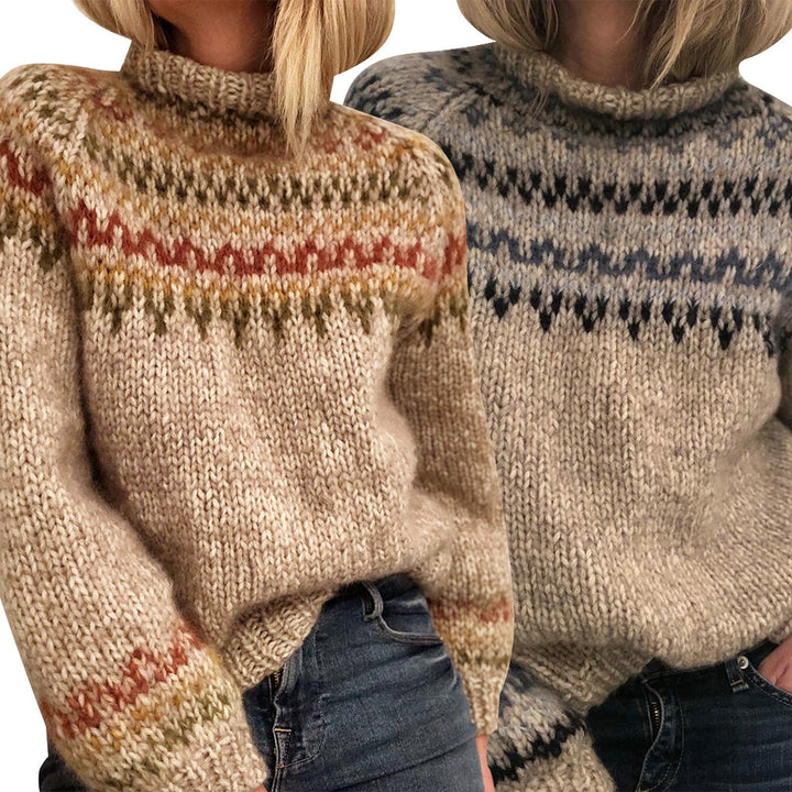 Ladies Thick Knit Sweater with High Collar and Unique Pattern Lune London