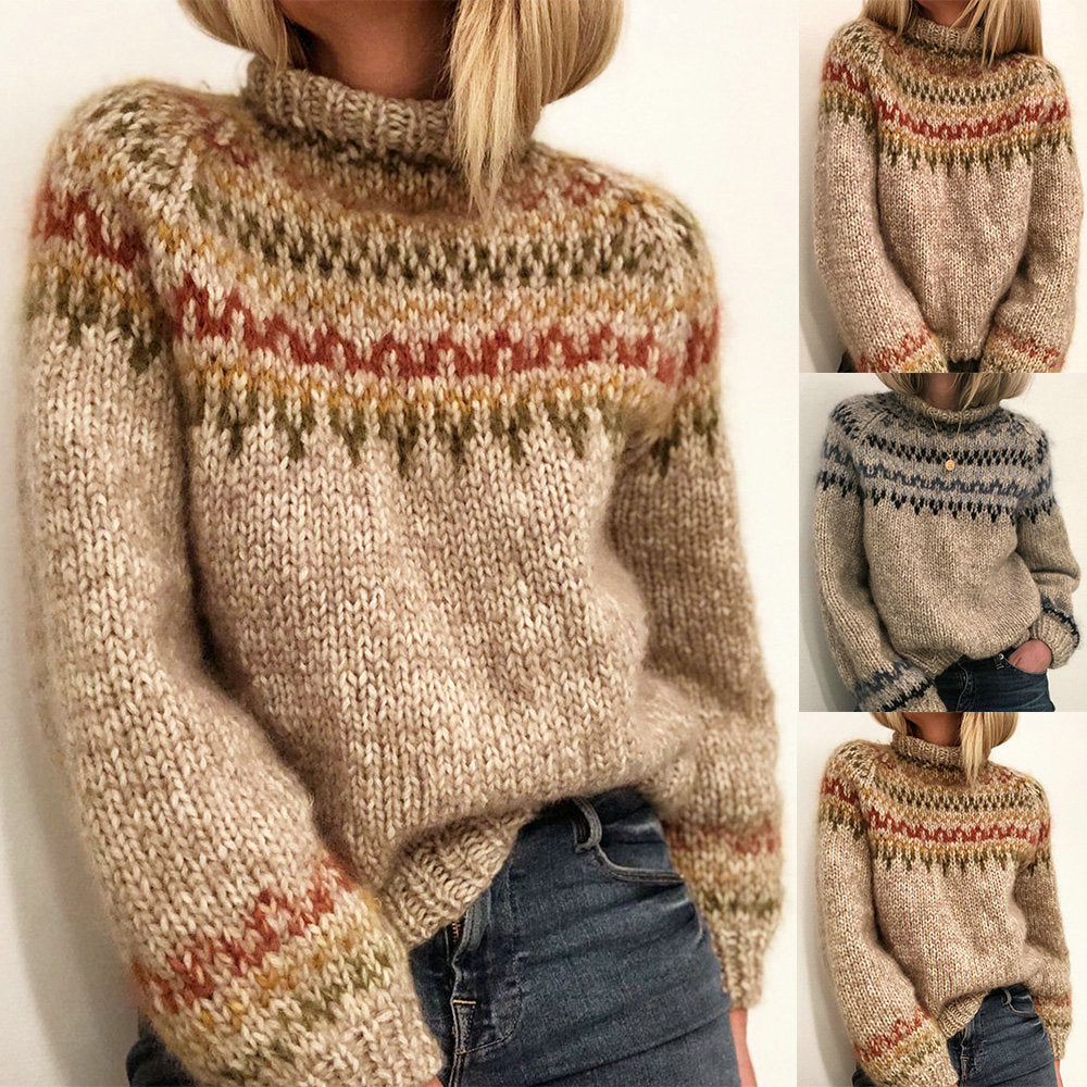 Ladies Thick Knit Sweater with High Collar and Unique Pattern Lune London