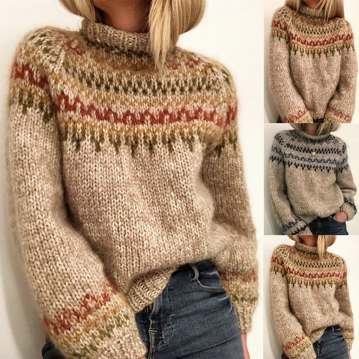 Ladies Thick Knit Sweater with High Collar and Unique Pattern Lune London