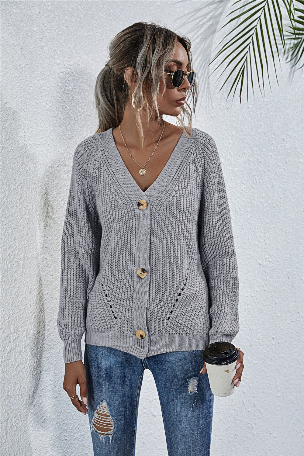 Ladies casual cardigan with deep V-neck and big buttons Lune London