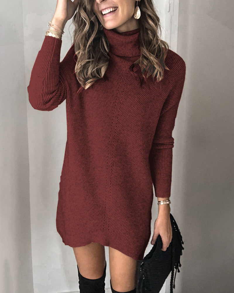 Hobo Sweater Dress for Women with High Collar and Ribbed Texture Lune London