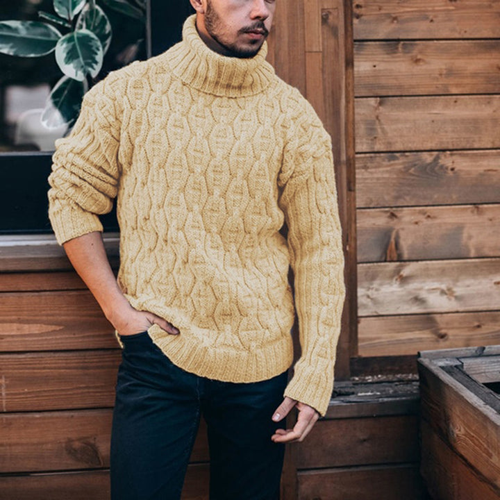 Chunky knit sweater for men with high neck and textured cable design Lune London