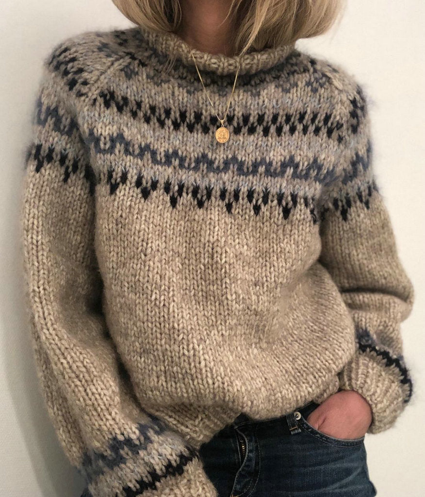 Ladies Thick Knit Sweater with High Collar and Unique Pattern Lune London