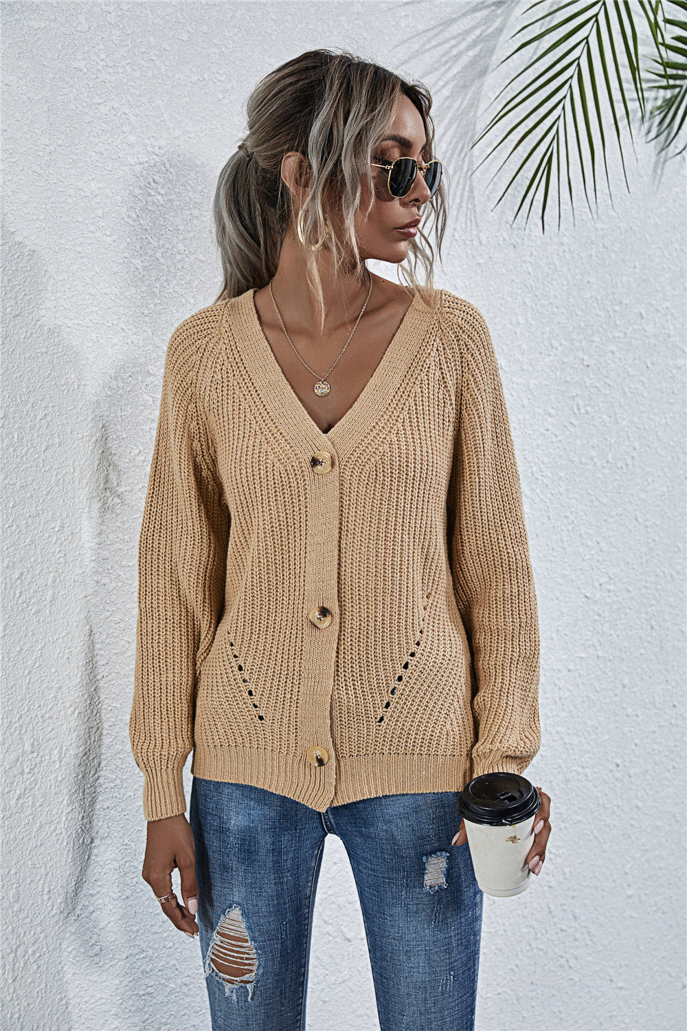 Ladies casual cardigan with deep V-neck and big buttons Lune London