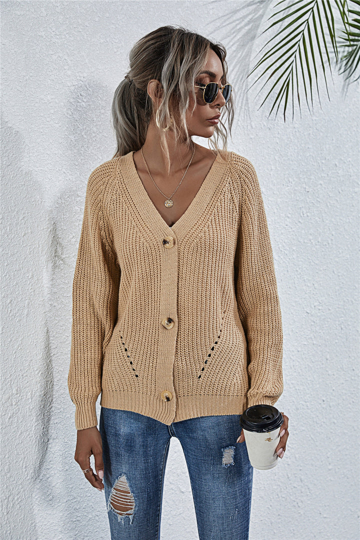 Ladies casual cardigan with deep V-neck and big buttons Lune London