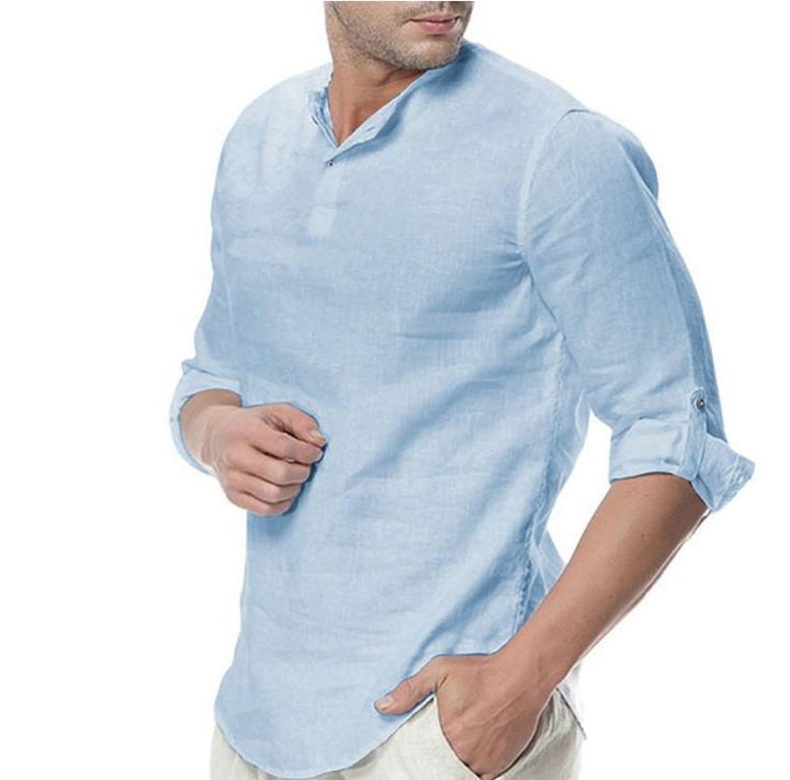 Casual linen shirt for men with modern stand collar and practical button details Heidi-Mod.