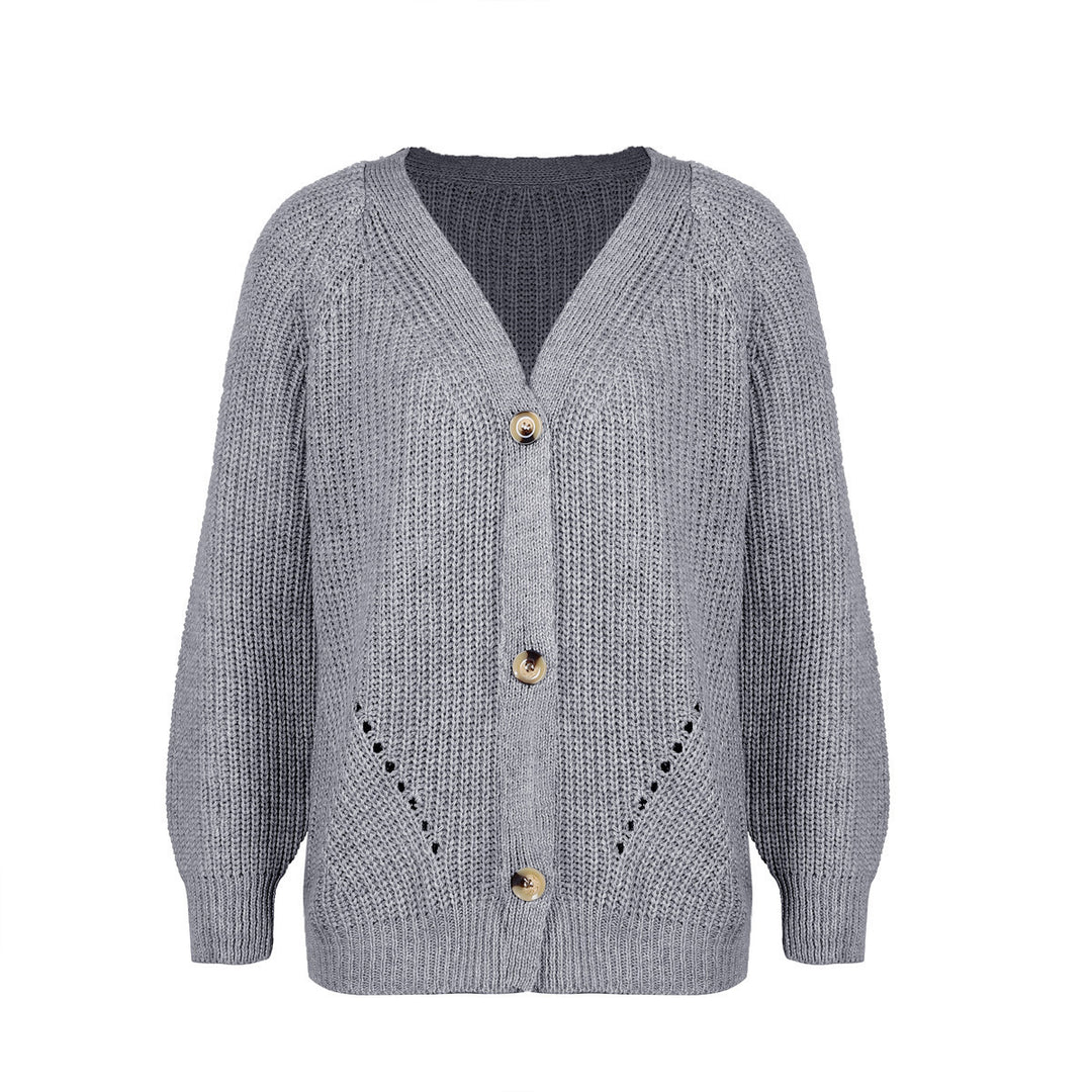 Ladies casual cardigan with deep V-neck and big buttons Lune London
