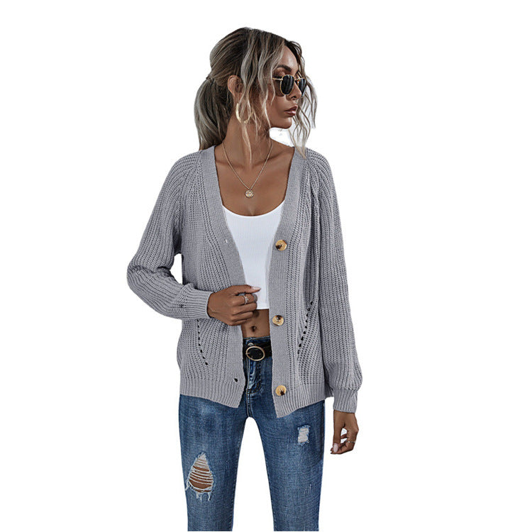 Ladies casual cardigan with deep V-neck and big buttons Lune London