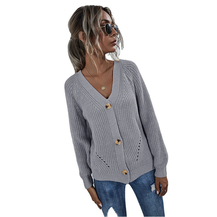 Ladies casual cardigan with deep V-neck and big buttons Lune London