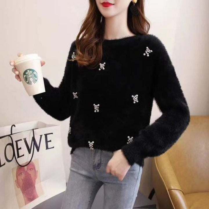 Women soft sweater with elegant pearl appliqués Lune London