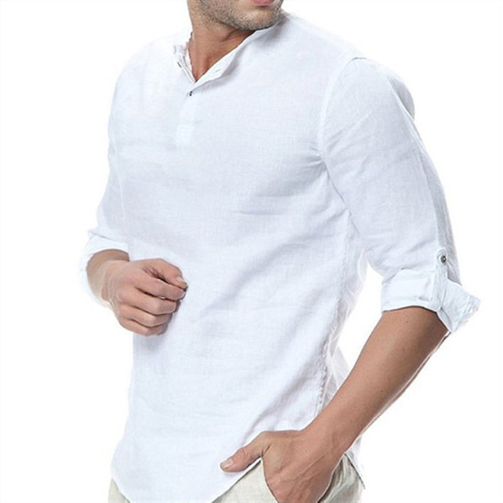 Casual linen shirt for men with modern stand collar and practical button details Heidi-Mod.