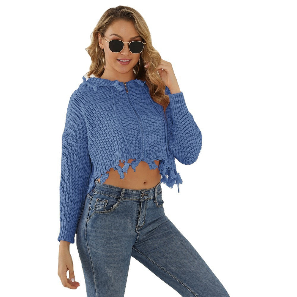 Ladies Chunky Knit Hoodie with Open Front and Drawstring Lune London