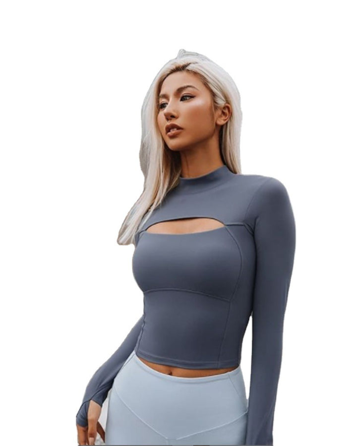 Fitted women's sports t-shirt with high collar and cut-out detail Lune London