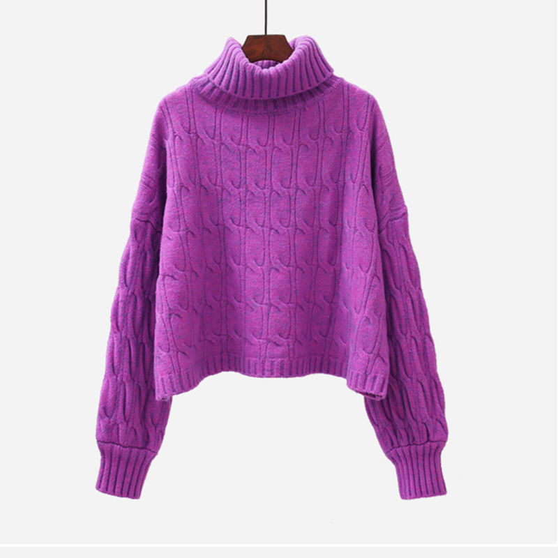 Chunky knit cozy sweater for women with high collar and cable pattern Lune London