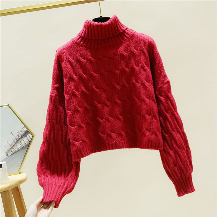 Chunky knit cozy sweater for women with high collar and cable pattern Lune London