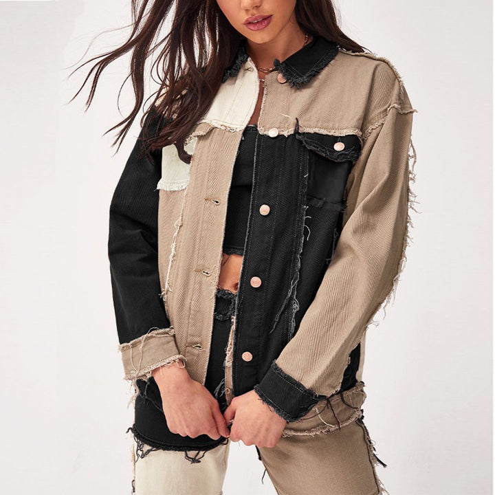 Fashionable women’s patchwork denim jacket with frayed details Lune London