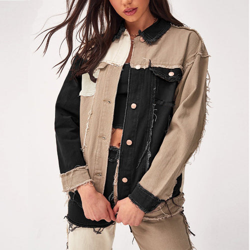 Fashionable women’s patchwork denim jacket with frayed details Lune London