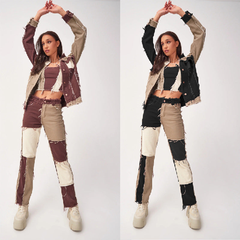Fashionable women’s patchwork denim jacket with frayed details Lune London