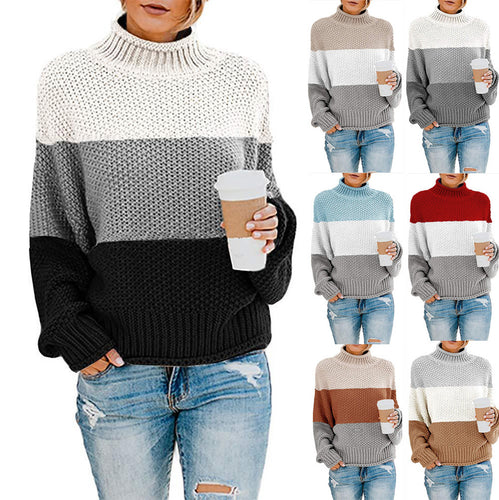 Women’s stylish knitted sweater with high collar and textured color block design Lune London