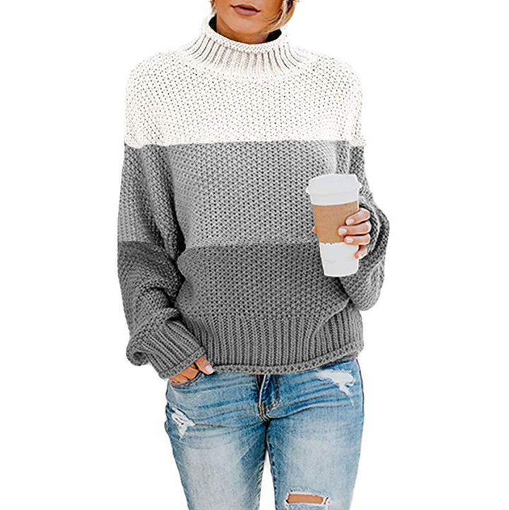 Women’s stylish knitted sweater with high collar and textured color block design Lune London