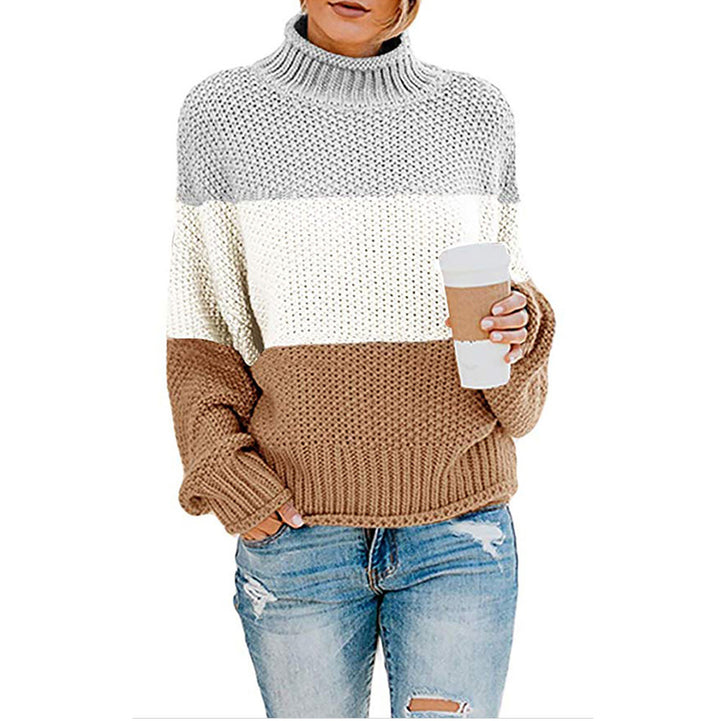 Women’s stylish knitted sweater with high collar and textured color block design Lune London
