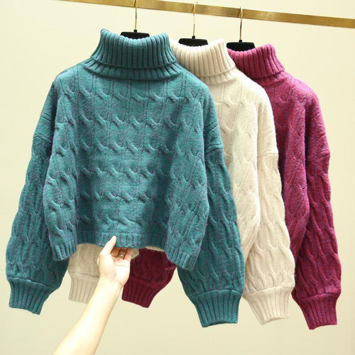 Chunky knit cozy sweater for women with high collar and cable pattern Lune London