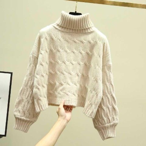 Chunky knit cozy sweater for women with high collar and cable pattern Lune London