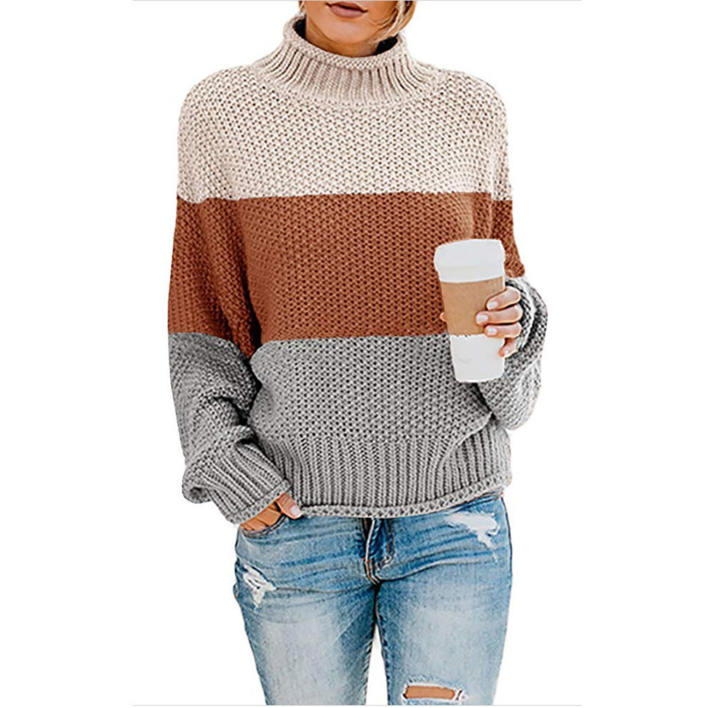 Women’s stylish knitted sweater with high collar and textured color block design Lune London