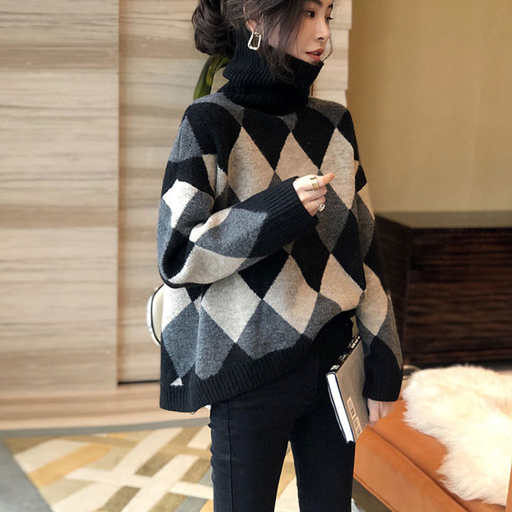 Pull en tricot épais pour femmes avec motif en diamant moderne et col haut Chic & Stil