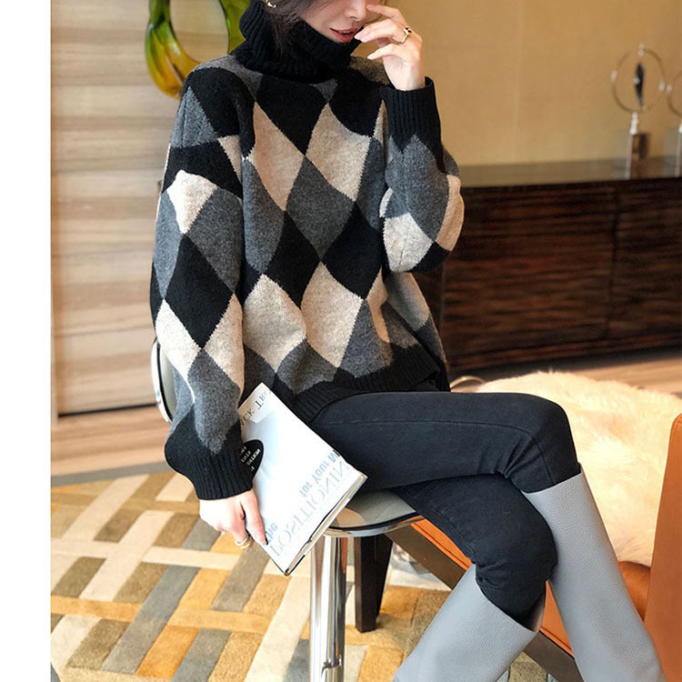 Pull en tricot épais pour femmes avec motif en diamant moderne et col haut Chic & Stil