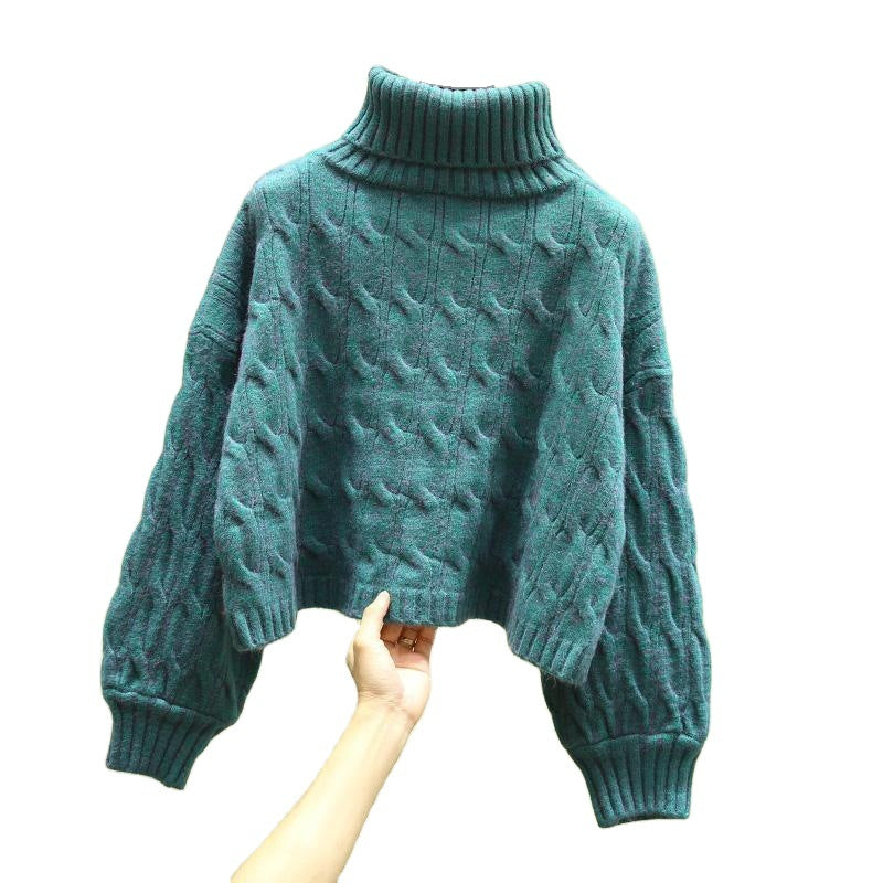 Chunky knit cozy sweater for women with high collar and cable pattern Lune London