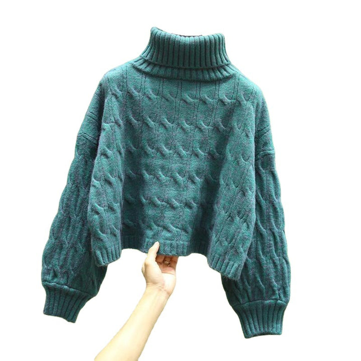 Chunky knit cozy sweater for women with high collar and cable pattern Lune London
