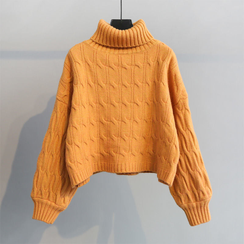 Chunky knit cozy sweater for women with high collar and cable pattern Lune London