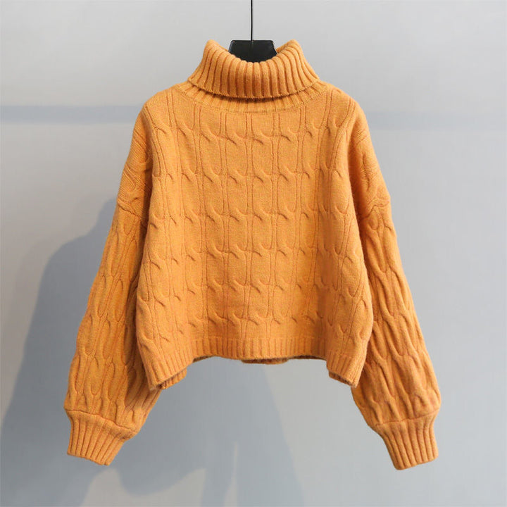 Chunky knit cozy sweater for women with high collar and cable pattern Lune London