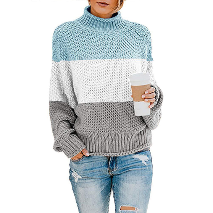 Women’s stylish knitted sweater with high collar and textured color block design Lune London