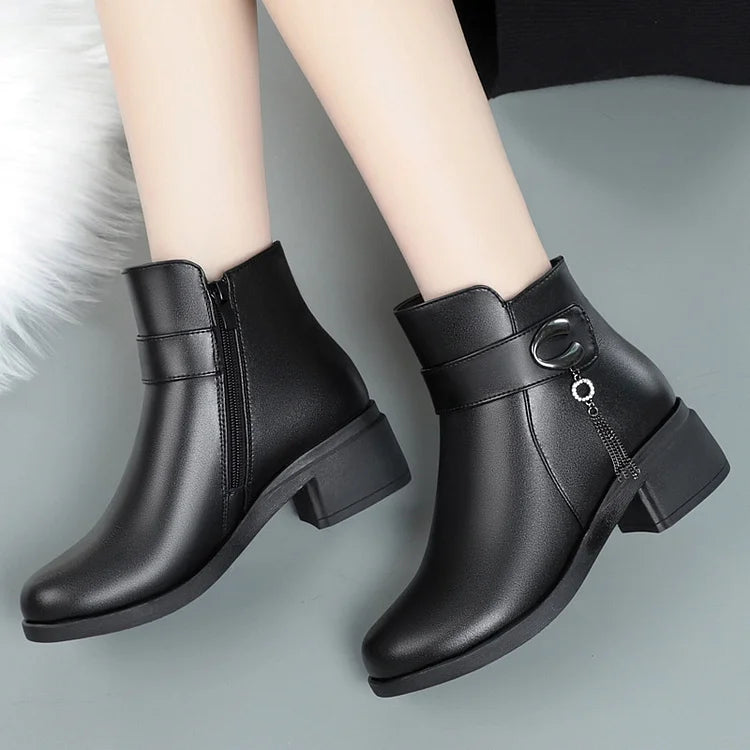 Lune London | Women's Genuine Leather Metal Buckle Velvet Boots