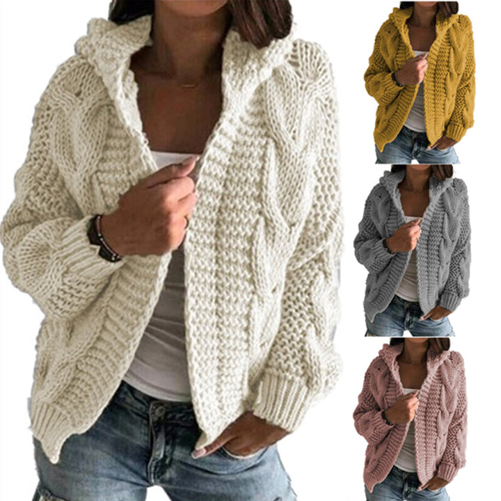 Knitted jacket for women with hood and trendy cable knit pattern Lune London